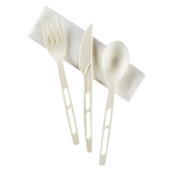 Heavy-Weight CPLA Compostable Cutlery Kits (Knife, Fork, Tea Spoon, 2-ply Napkin), White