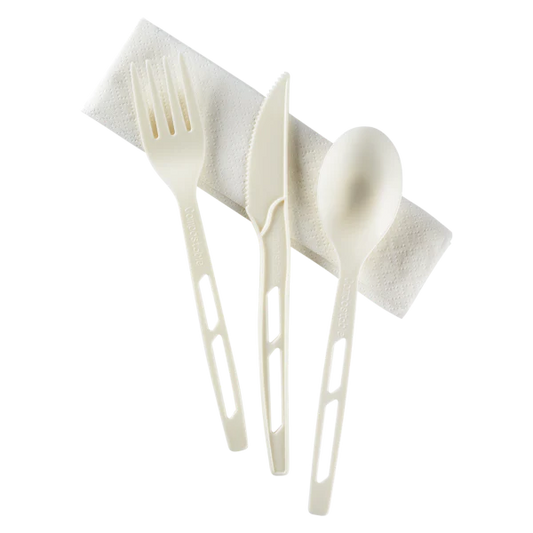 Heavy-Weight CPLA Compostable Cutlery Kits (Knife, Fork, Tea Spoon, 2-ply Napkin), White