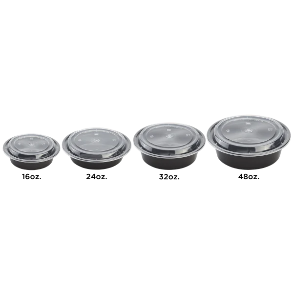 24 oz PP Plastic Microwavable Round Food Containers & Lids, Black