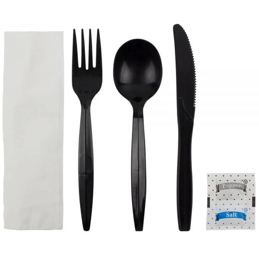 PP Plastic Medium-Heavy Weight Cutlery Kits with Salt and Pepper, Black