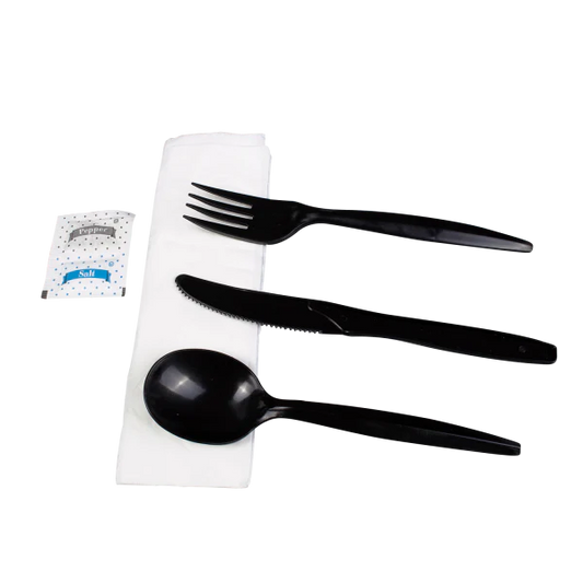 PP Plastic Medium-Heavy Weight Cutlery Kits with Salt and Pepper, Black