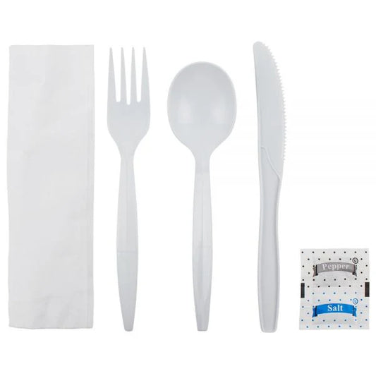 PP Plastic Medium-Heavy Weight Cutlery Kits with Salt and Pepper, White