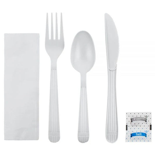 PP Plastic Heavy Weight Cutlery Kits with Salt and Pepper, White