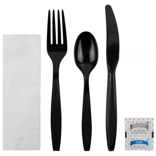 PS Plastic Heavy Weight Cutlery Kits with Salt and Pepper, Black