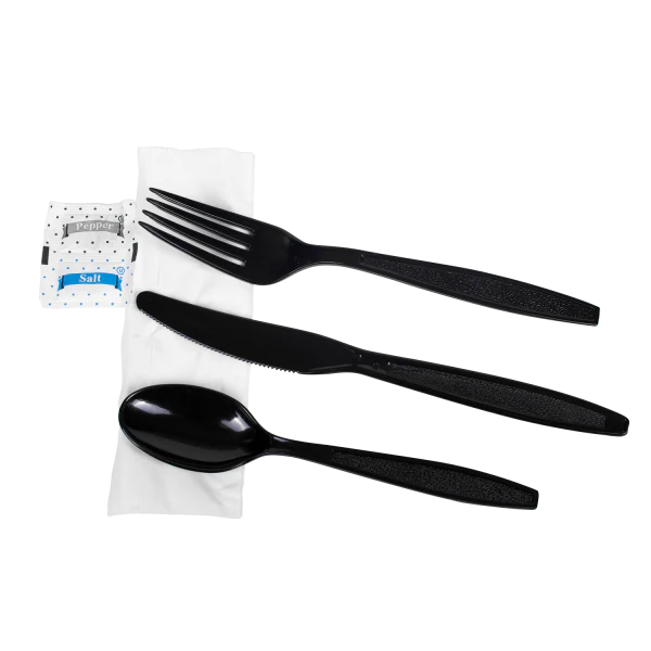 PS Plastic Heavy Weight Cutlery Kits with Salt and Pepper, Black