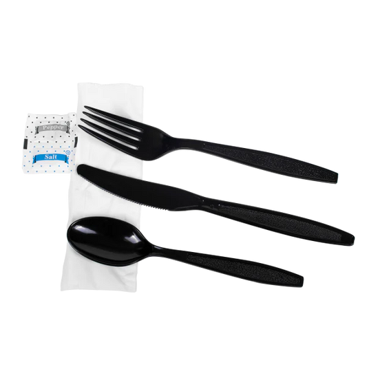 PS Plastic Heavy Weight Cutlery Kits with Salt and Pepper, Black