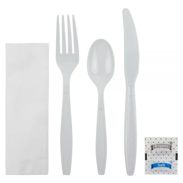 PS Plastic Heavy Weight Cutlery Kits with Salt and Pepper, White