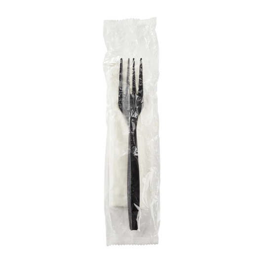 PP Plastic Heavy-Weight Cutlery Kits (Fork, 1-ply Napkin), Black