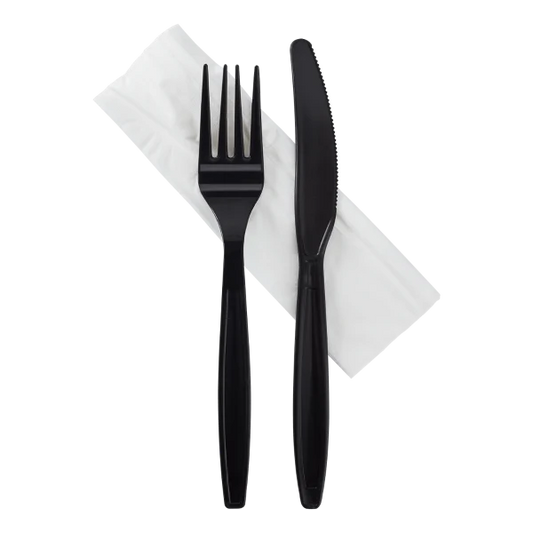 Heavy-Weight Cutlery Kits (Knife, Fork, 1-ply Napkin), Black