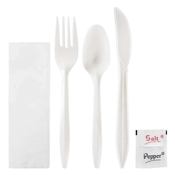 PP Plastic Medium Weight Cutlery Kits with Salt and Pepper, White