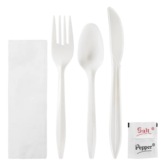 PP Plastic Medium Weight Cutlery Kits with Salt and Pepper, White